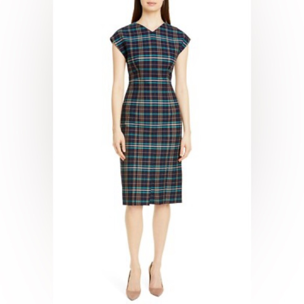 BOSS by Hugo Boss Daela Plaid Stretch Cotton Sheath Dress Size 14 - Picture 1 of 13